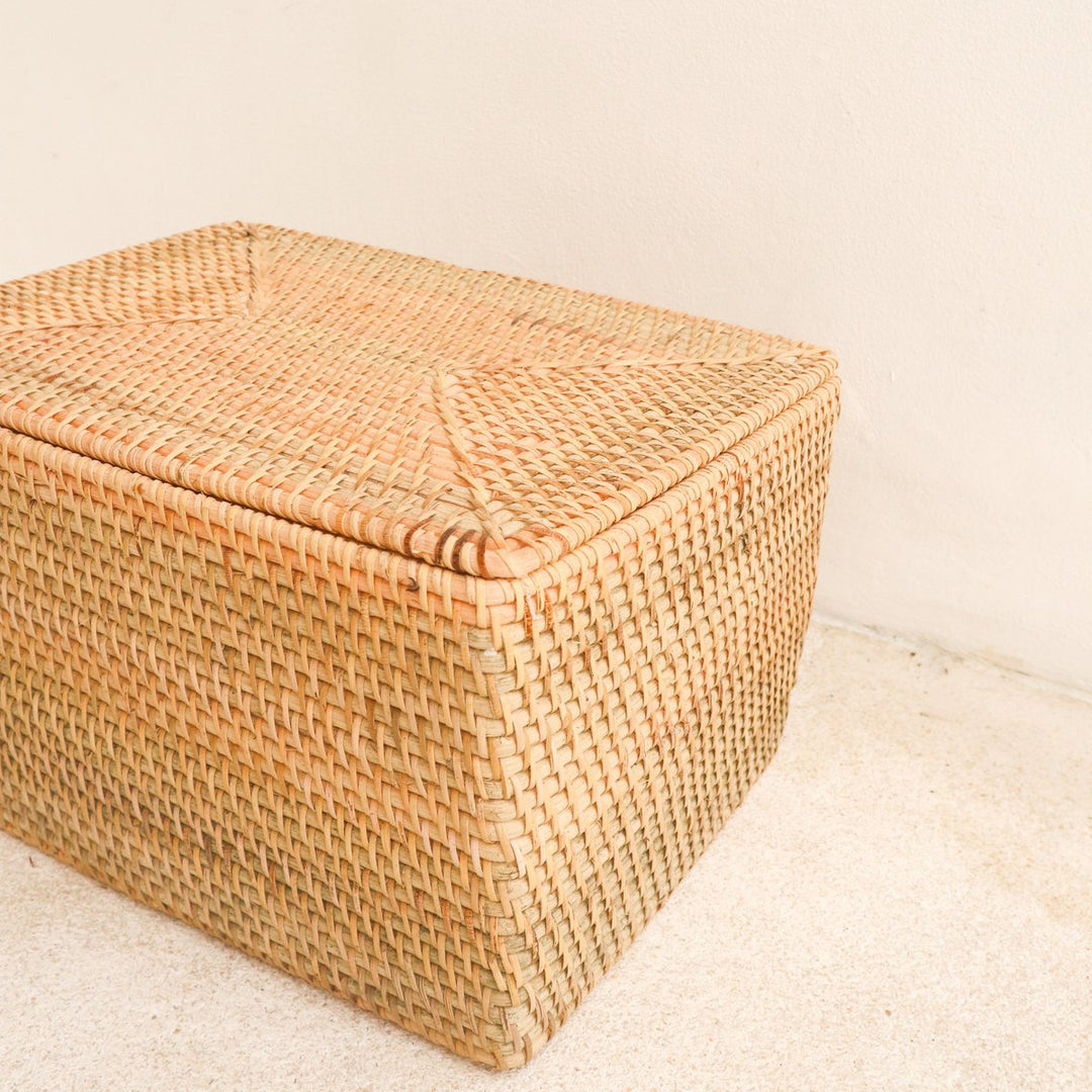 Opbergmand met deksel Plankmand gemaakt van beige rotan handgeweven decoratieve mand GRAHA (2 maten)