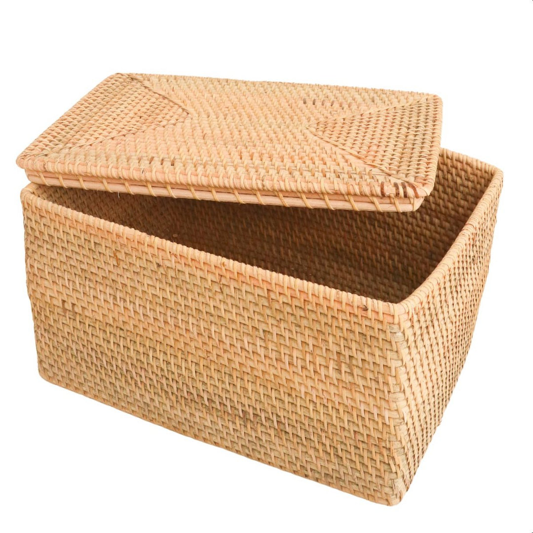 Opbergmand met deksel Plankmand gemaakt van beige rotan handgeweven decoratieve mand GRAHA (2 maten)