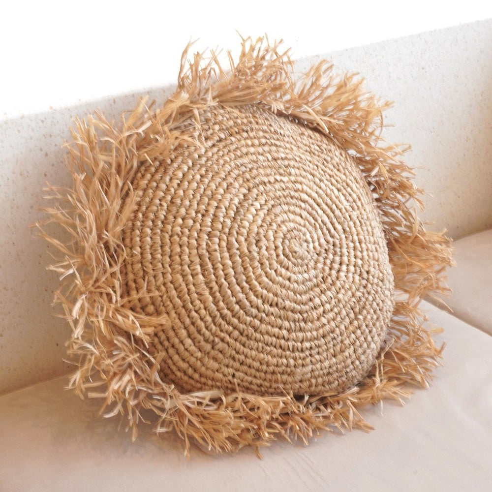 Rond Boho Kussen met Franjes Decoratief Kussen Ø40/50 cm Sierkussen van Raffia Bankkussen met Vulling TARAKAN beige