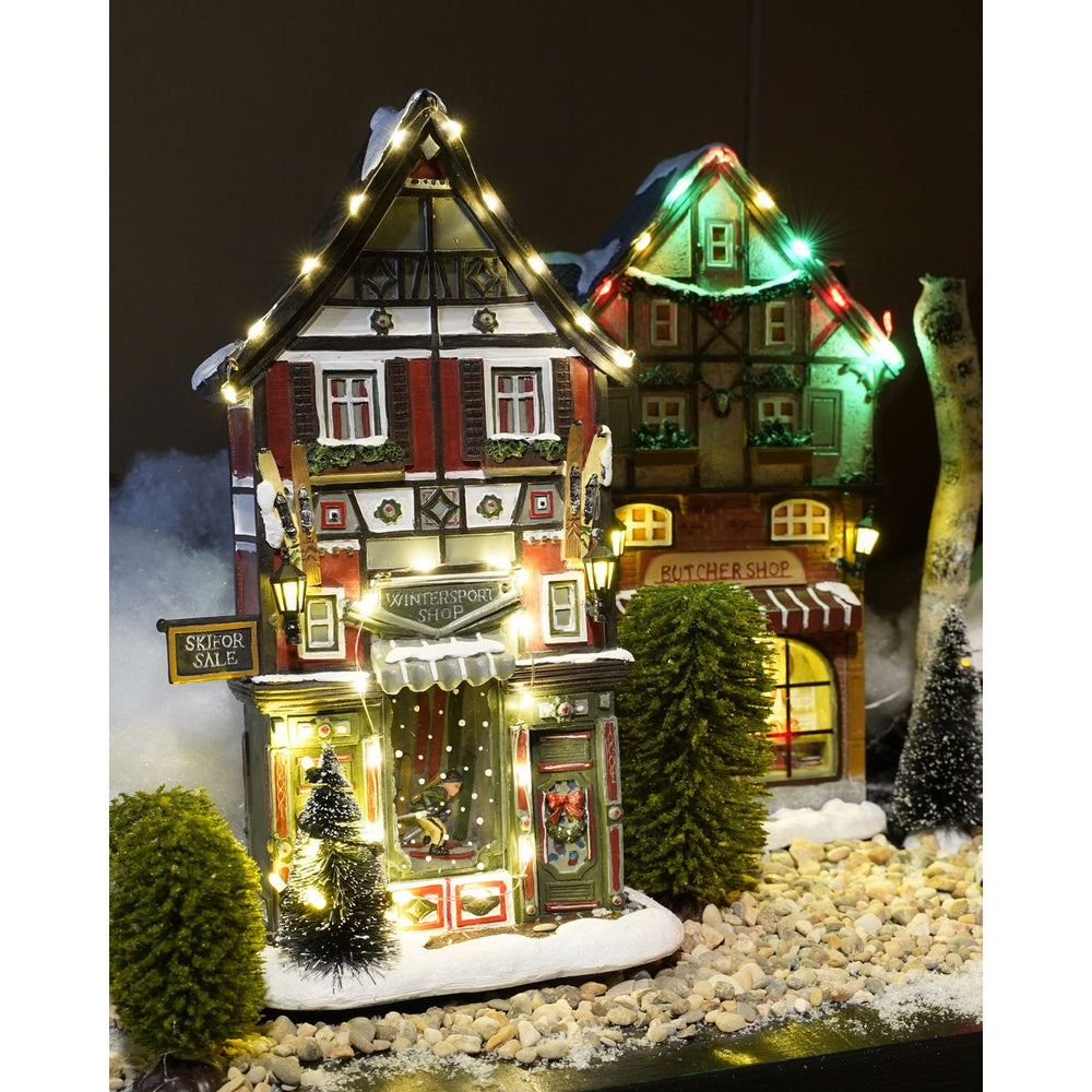 LuVille Kerstdorp Miniatuur Wintersportwinkel - L18 x B8 x H28 cm