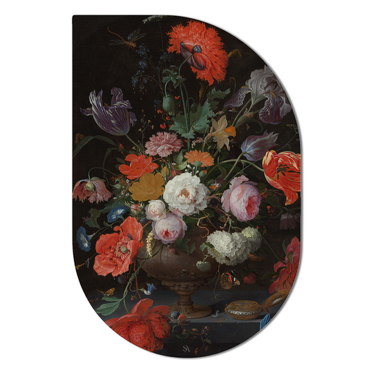 ScandiArt stilleven met bloemen en een horloge. Abraham Mignon