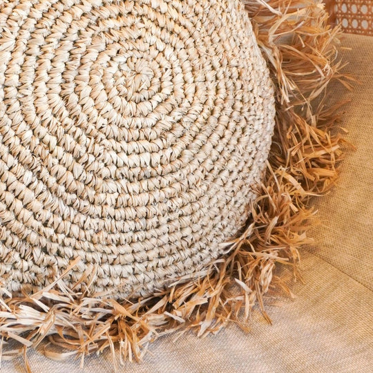 Rond Boho Kussen met Franjes Decoratief Kussen Ø40/50 cm Sierkussen van Raffia Bankkussen met Vulling TARAKAN beige