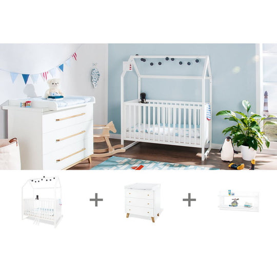 Startset 'Hilda & Pan' breed, wit, incl. wandplank
3 delen: huisbed, brede commode, wandplank